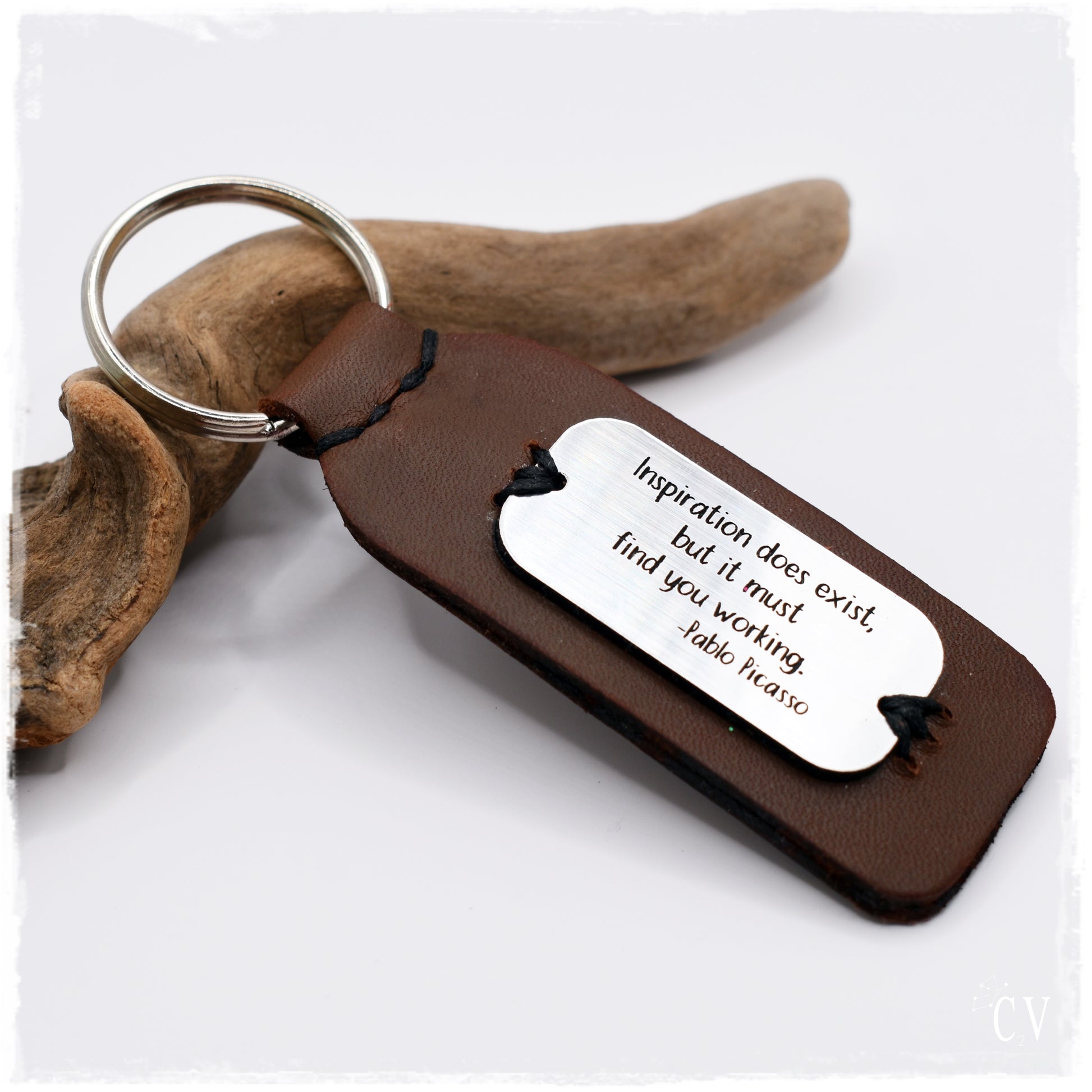 Personalized Leather Keychain with Silver Tag