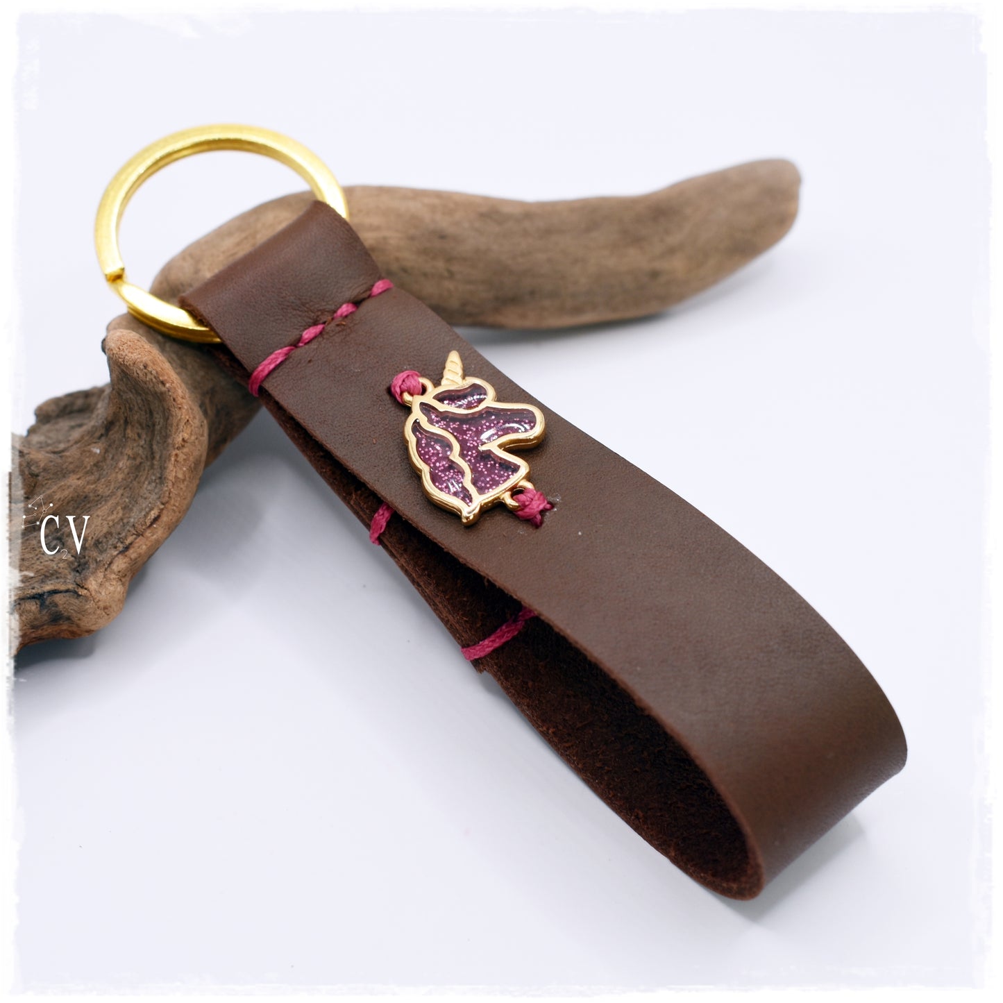 Personalized Pink Unicorn Leather Keyfob