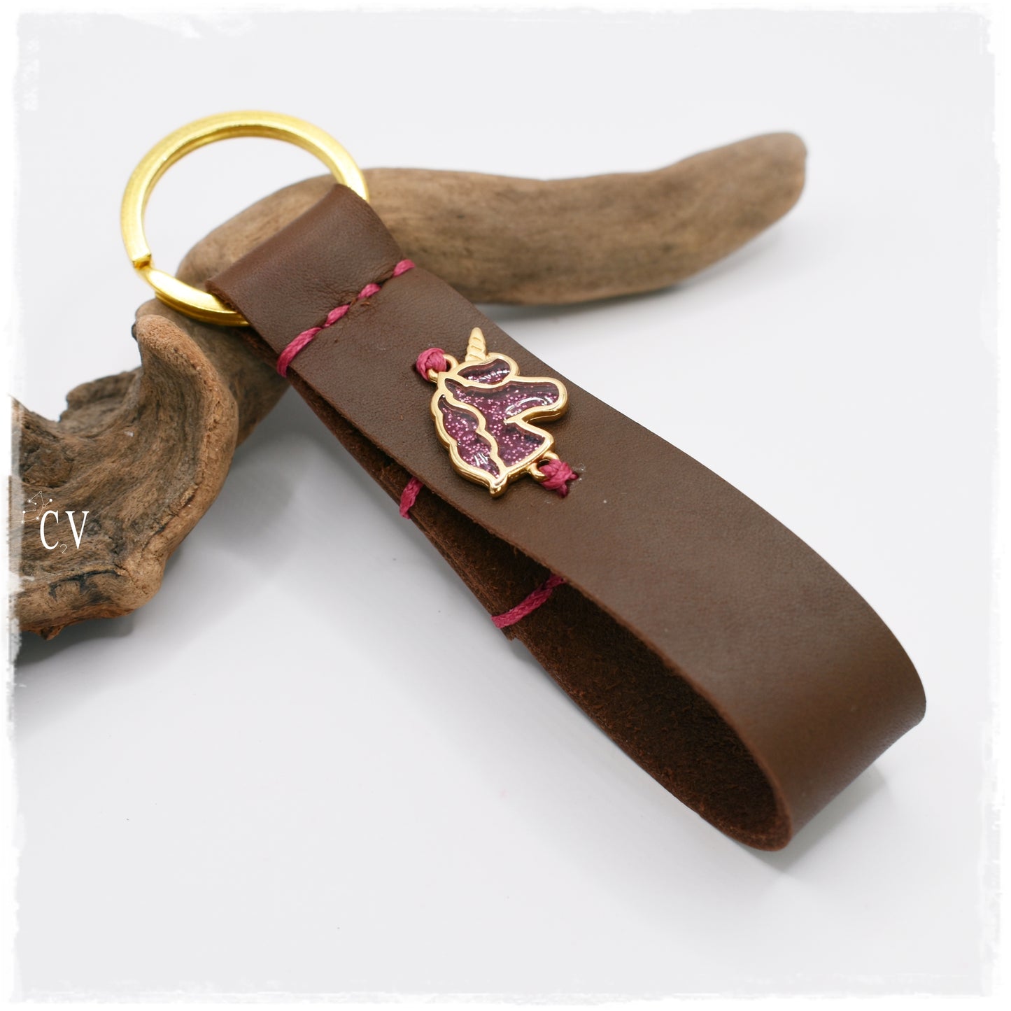 Personalized Pink Unicorn Leather Keyfob