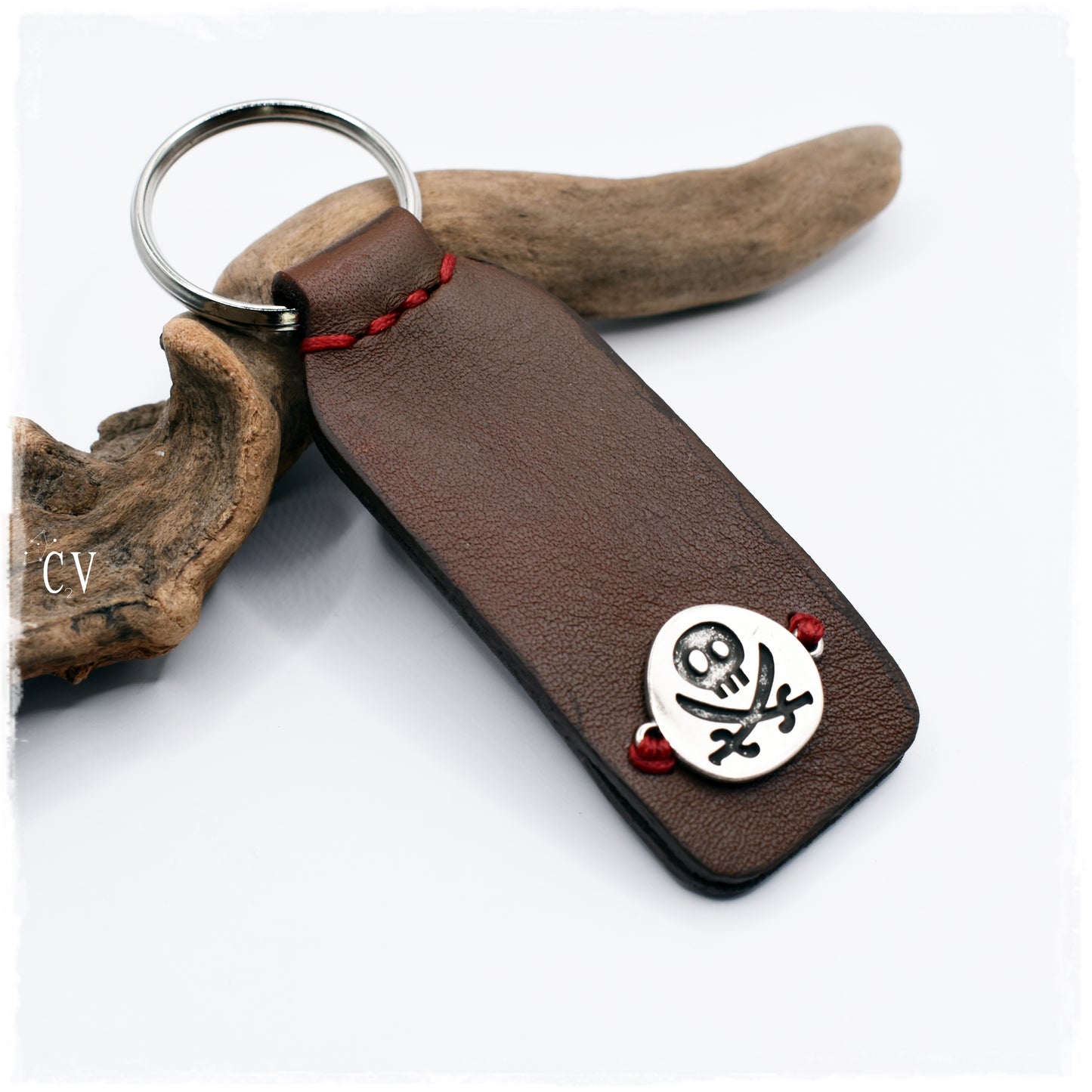 Pirate Skull Leather Keychain ~