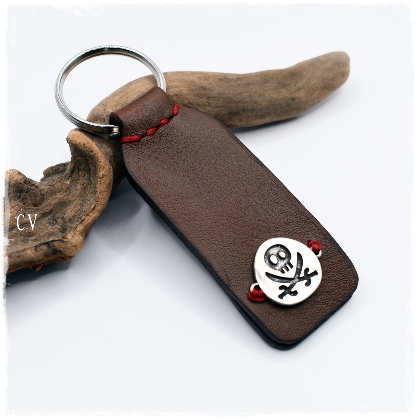 Pirate Skull Leather Keychain ~