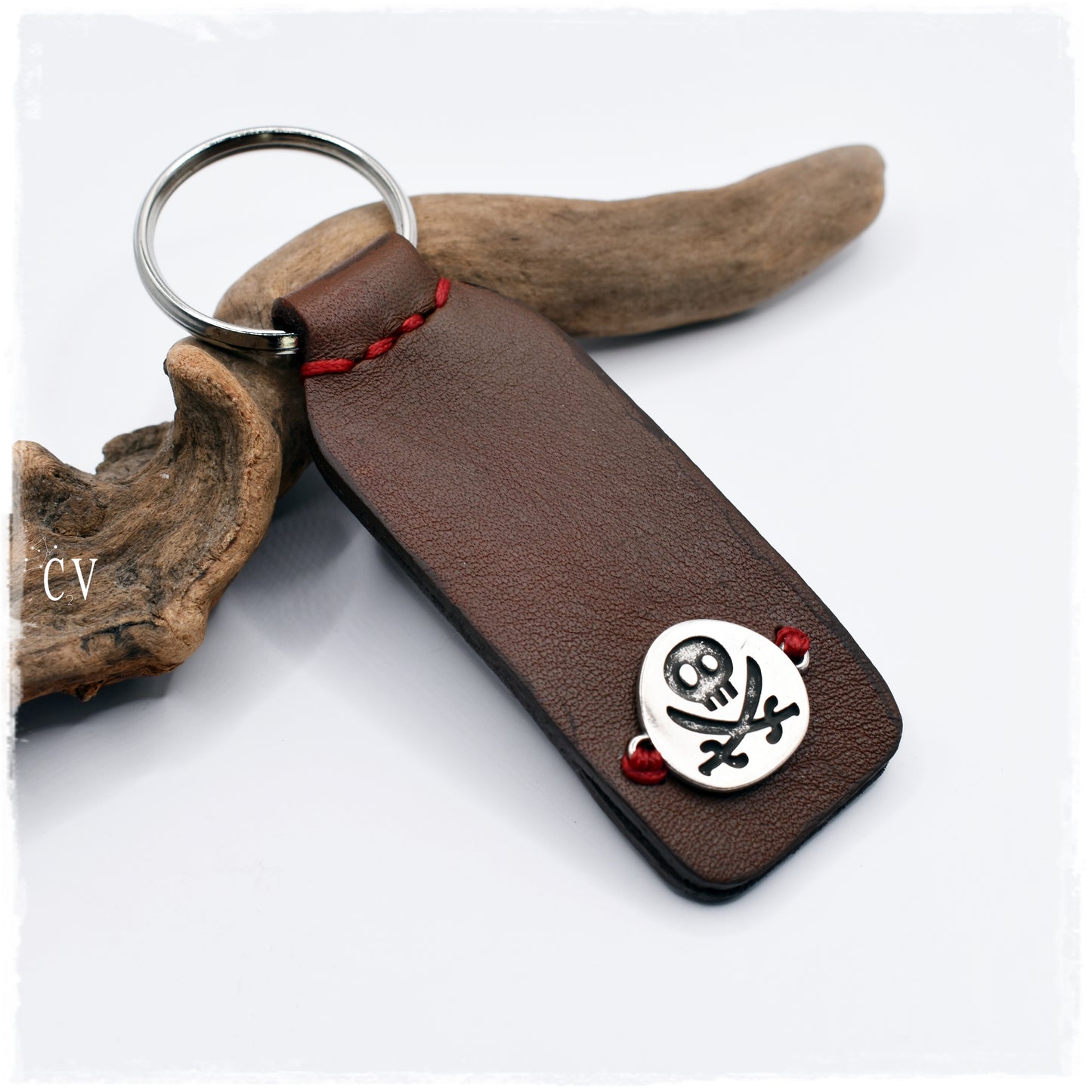 Pirate Skull Leather Keychain ~