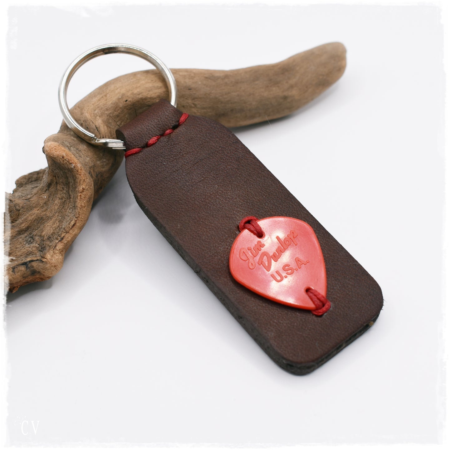 Red Guitar Pick Leather Keychain