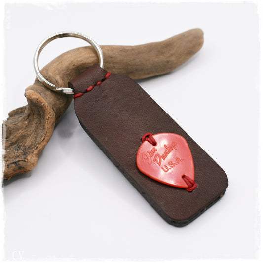 Red Guitar Pick Leather Keychain