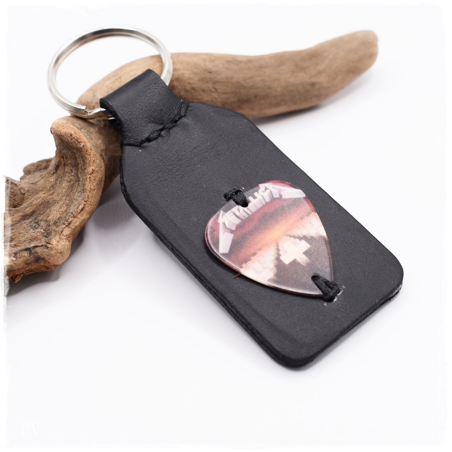 LIMITED EDITION: Personalized Guitar Pick Leather Keychain - "Master of Puppets"