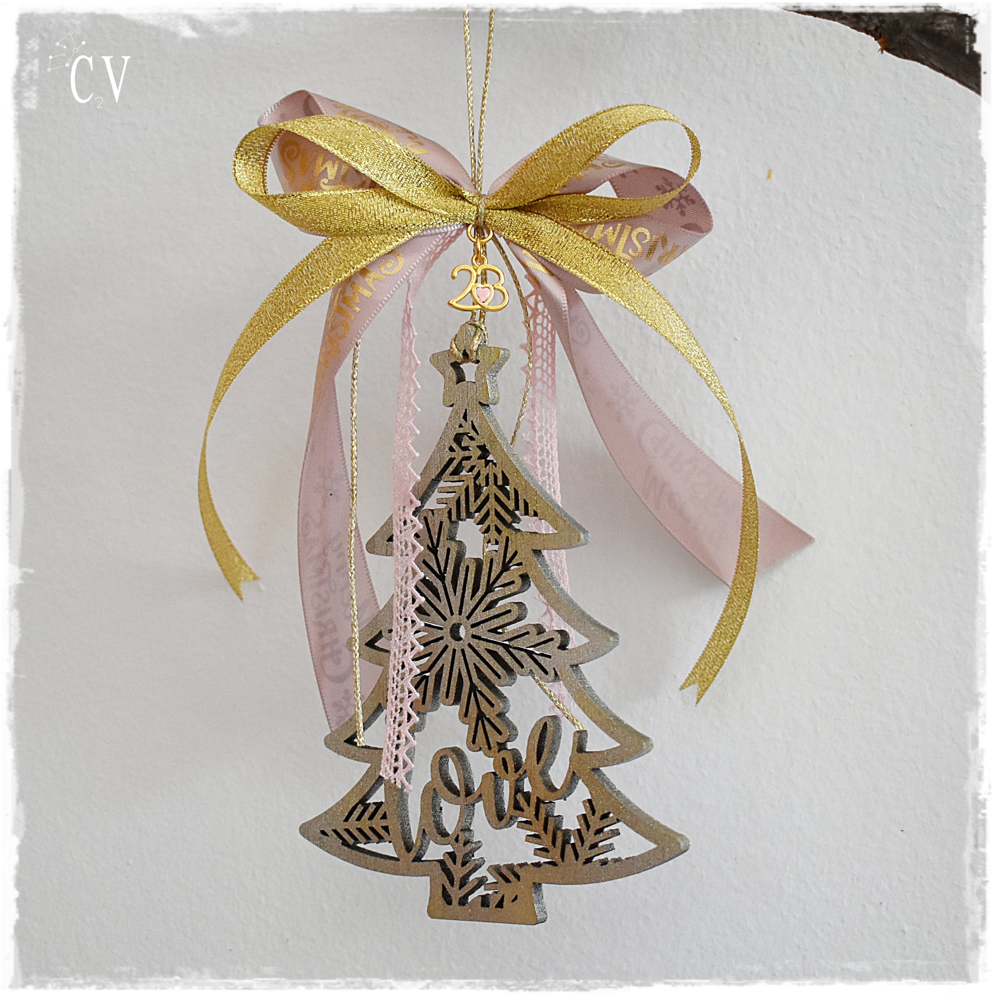 Gold and Pink Merry Christmas Wooden Tree Ornament 2023